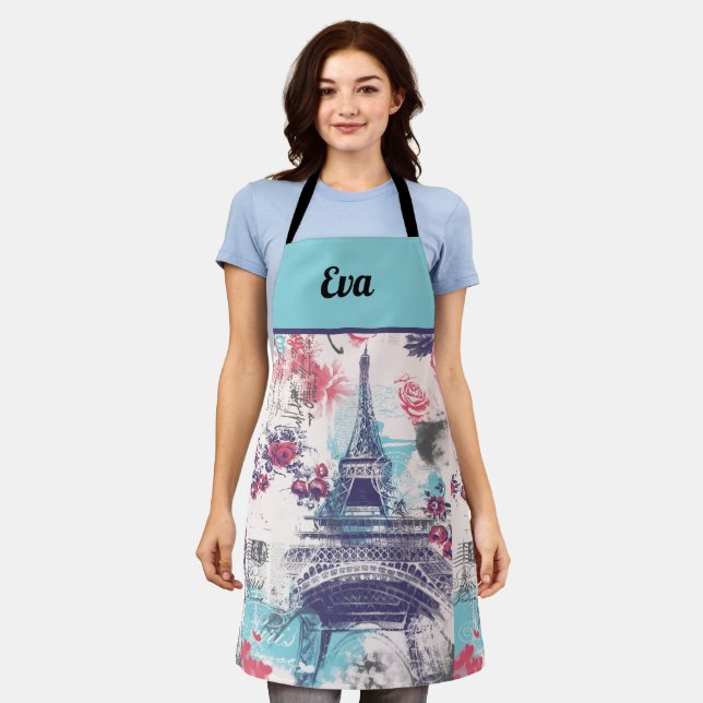 Custom Vintage Paris Eiffel Tower And Roses Apron (Worn)