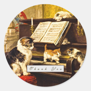 Custom Vintage Piano Lesson Mother Cat & Kittens Classic Round Sticker