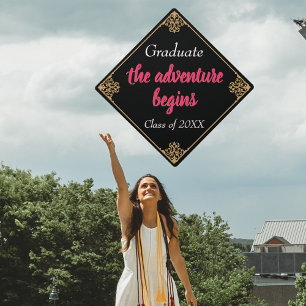 Custom Vintage Pink Black Gold Baroque Frame Graduation Cap Topper