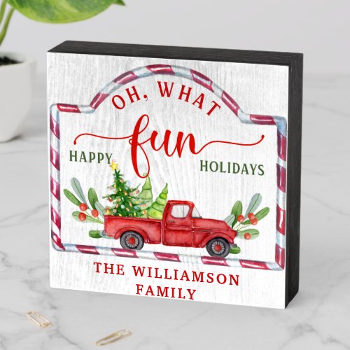 Custom Vintage Red Truck Oh What Fun Happy Holiday Wooden Box Sign
