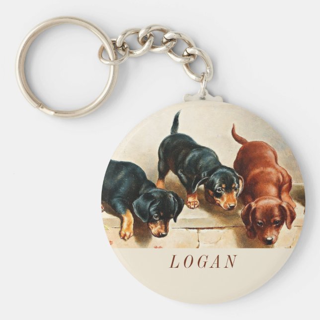 Custom Vintage Retro Funny Cute Dachshund Puppies Keychain (Front)