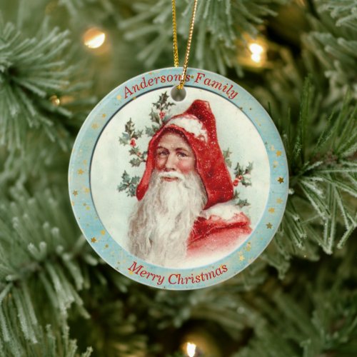 Custom Vintage Santa Claus Holly Berry Christmas Ceramic Ornament