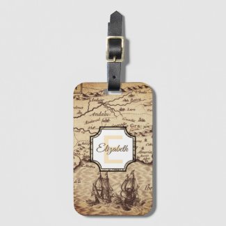 Custom Vintage Sepia Map Monogram Name Luggage Tag