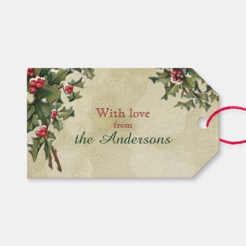 Custom Vintage Style Holly on Gold Background Gift Tags