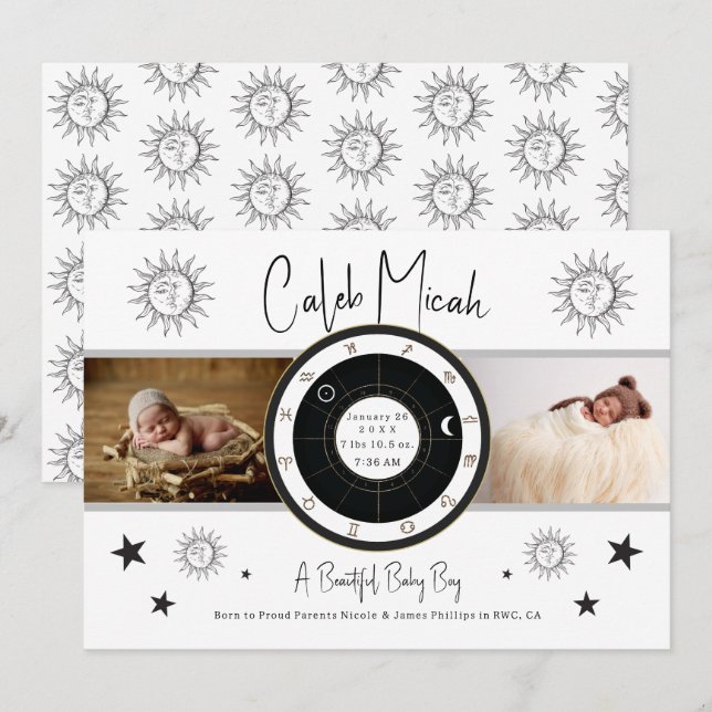 Custom Vintage Sun Sign & Moon Birth Announcement (Front/Back)
