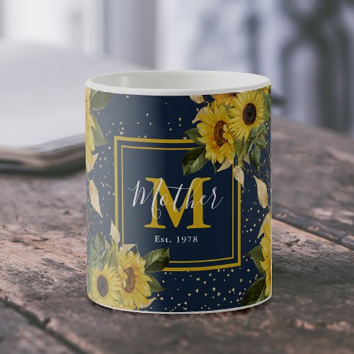 Custom Vintage Sunflower Monogram Mother Est Gift Coffee Mug