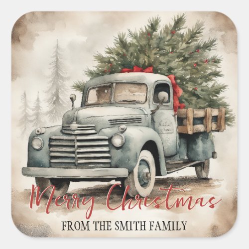 Custom Vintage Truck Merry Christmas Square Sticker