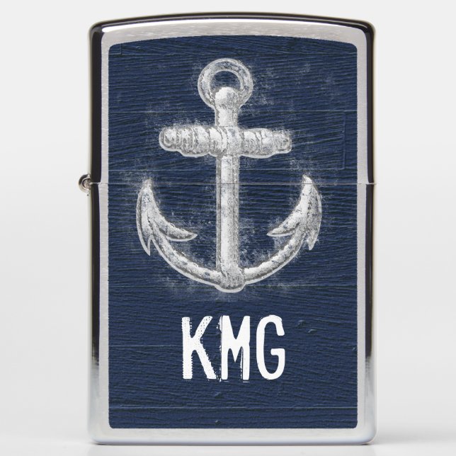Custom Vintage White/Blue Nautical Anchor Symbol Zippo Lighter (Front)