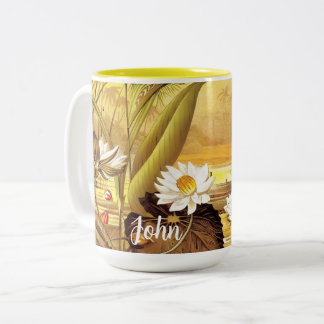 Custom Vintage White Nymphaea Lotus Water Lily Two-Tone Coffee Mug