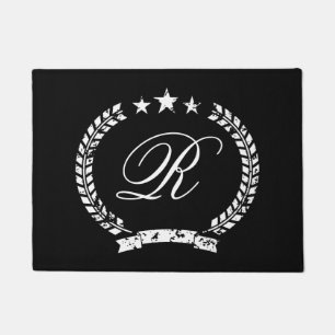 Custom vintage wreath crest monogram small black doormat