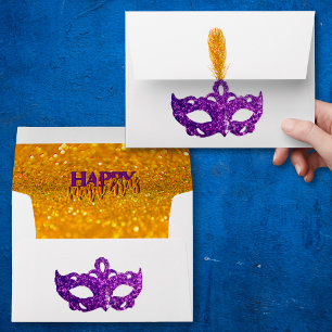 Custom Violet and Orange Sparkles Mask Mardi Gras Envelope