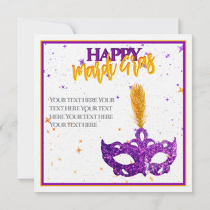 Custom Violet and Orange Sparkles Mask Mardi Gras Holiday Card