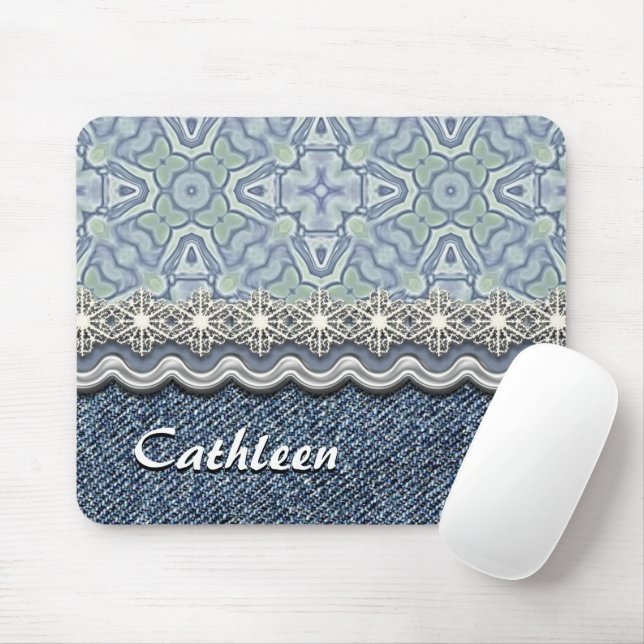 Custom Violet Mint Batik Mosaic Floral Pattern Mouse Pad (With Mouse)