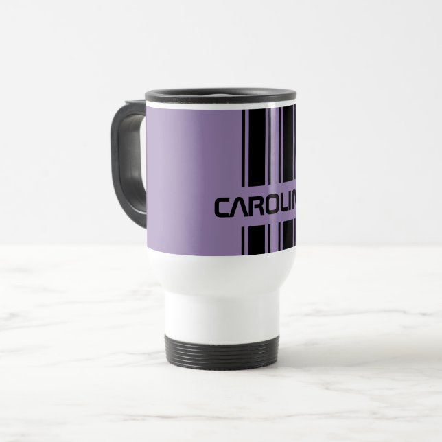 Custom Violet Purple Black Auto Race Sport Stripe Travel Mug (Front Left)