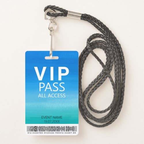 Custom VIP All Access Event Barcode Logo Blue Badge