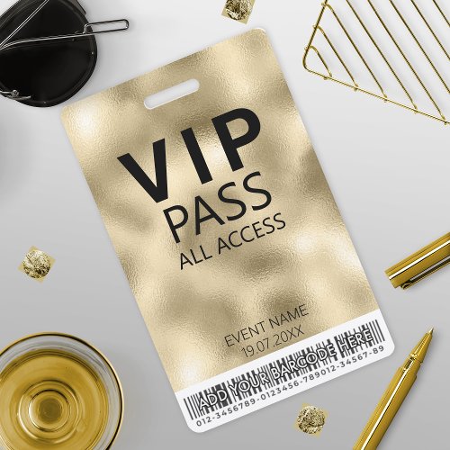 Custom VIP All Access Event Barcode Logo Gold Badge