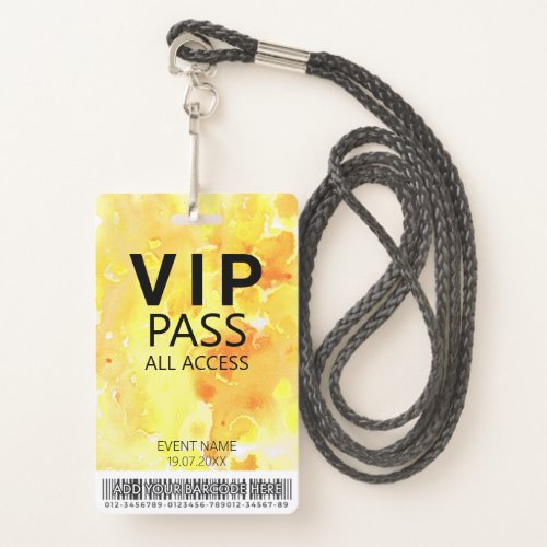 Custom VIP All Access Event Barcode Logo Yellow Badge