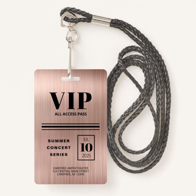 Custom VIP All Access Rose Gold Badge (Front with Lanyard)