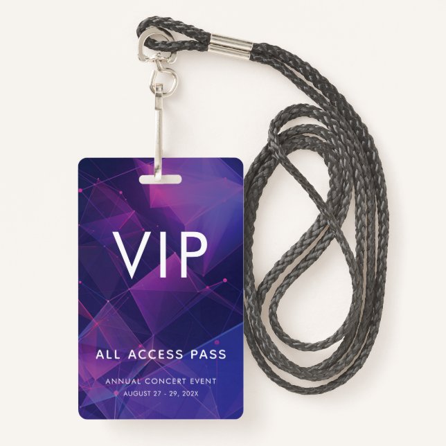 Custom VIP Bar Code Event Purple Geometric Badge (Front with Lanyard)