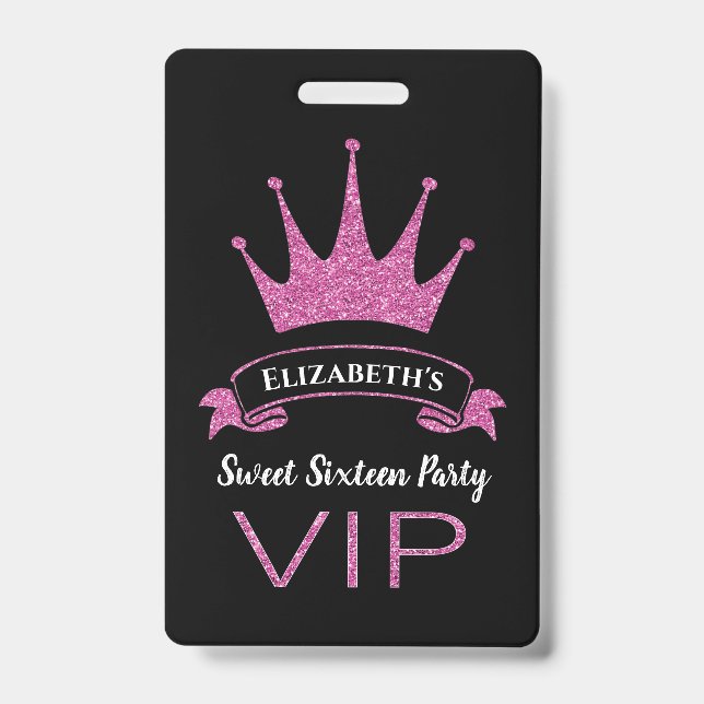 Custom VIP Pink Glitter Girly Sweet Sixteen Badge (Front)