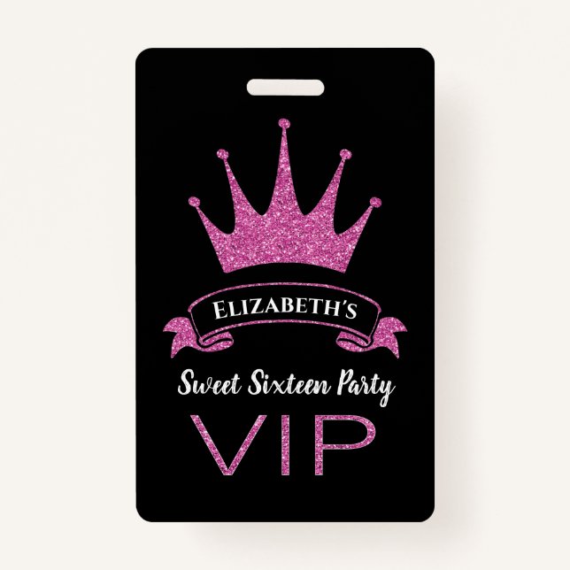 Custom VIP Pink Glitter Girly Sweet Sixteen Badge (Back)