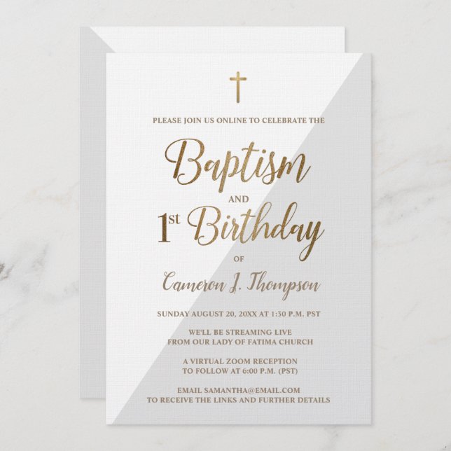 Custom virtual Gold baptism and first birthday Invitation (Front/Back)