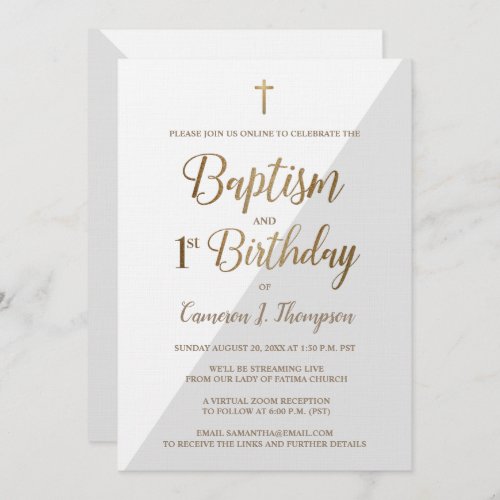 Custom virtual Gold baptism and first birthday Invitation