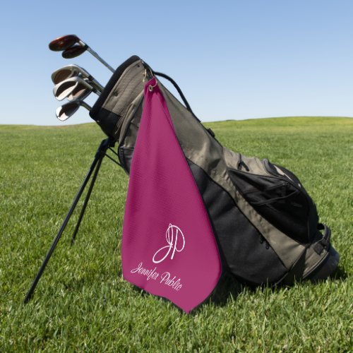 Custom Viva Magenta Typography Monogram Name Golf Towel