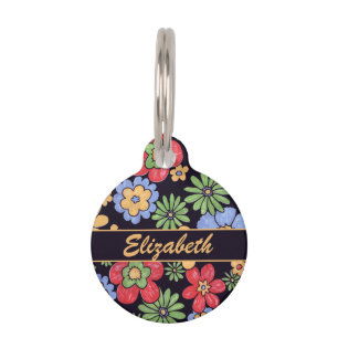 Custom Vivid Colorful Flowers to Personalize Pet Name Tag