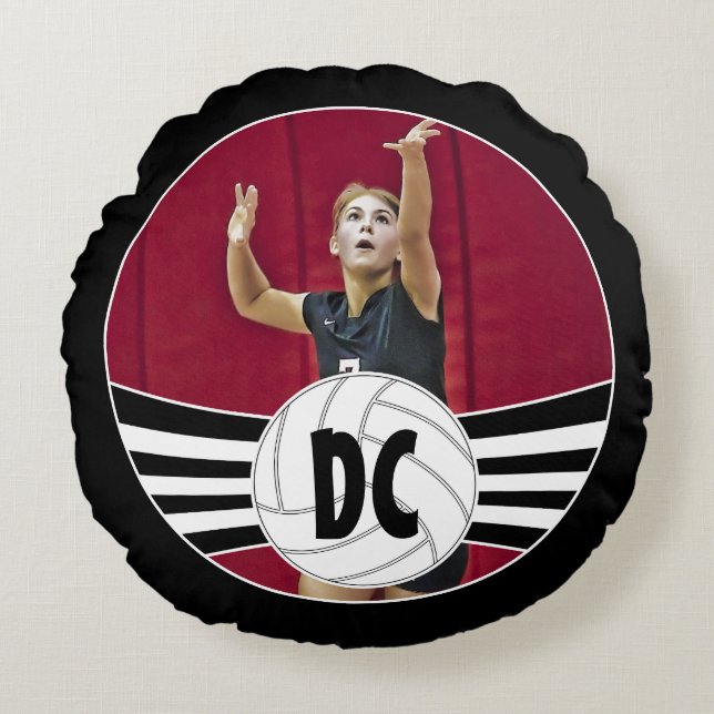 Custom Volleyball Photo & Initials / Jersey Number Round Pillow (Front)