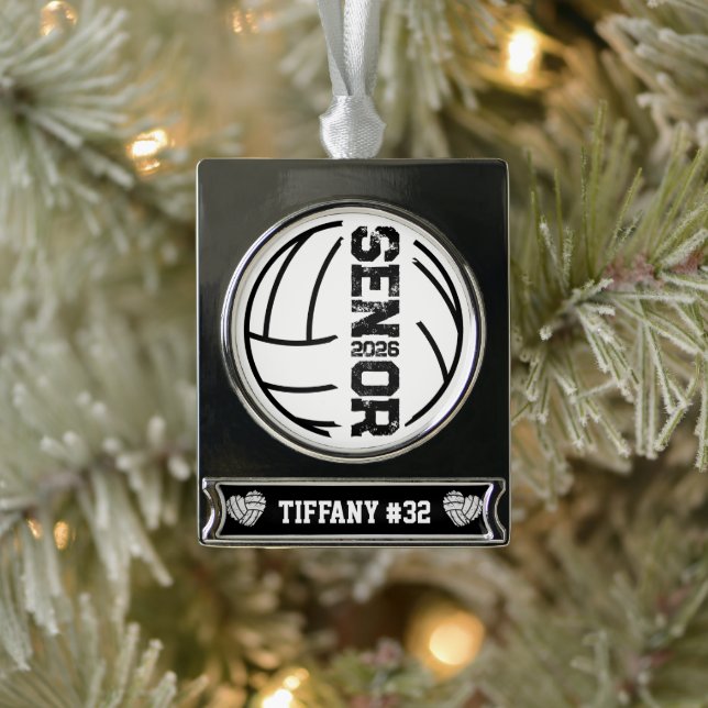 Custom Volleyball Senior Year Distressed Number Silver Plated Banner Ornament (Tree)