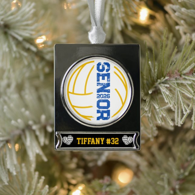 Custom Volleyball Senior Year Distressed Number Silver Plated Banner Ornament (Tree)