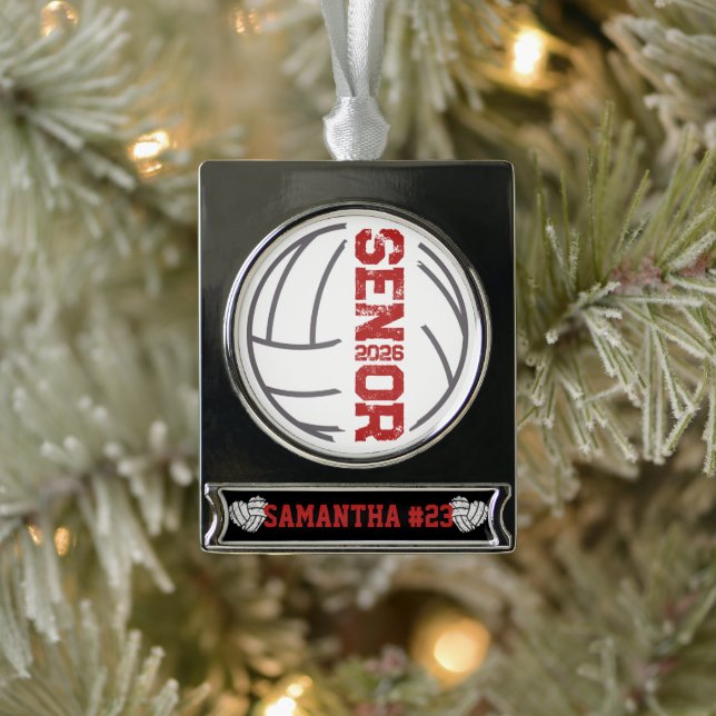 Custom Volleyball Senior Year Distressed Number Silver Plated Banner Ornament (Tree)
