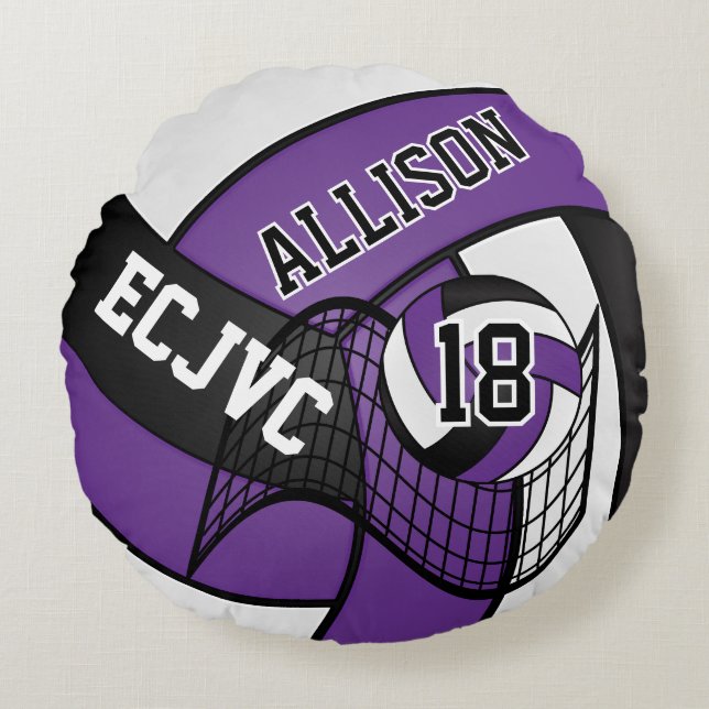 Custom Volleyball 🏐 Sport-Purple, White & Black Round Pillow (Front)