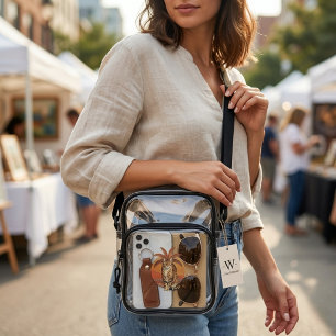 Custom "W" Embroidered Cat & Palm Tree Clear Crossbody Bag