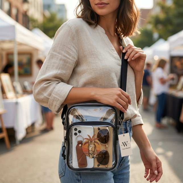 Custom "W" Embroidered Cat & Palm Tree Clear Crossbody Bag (Creator Uploaded)