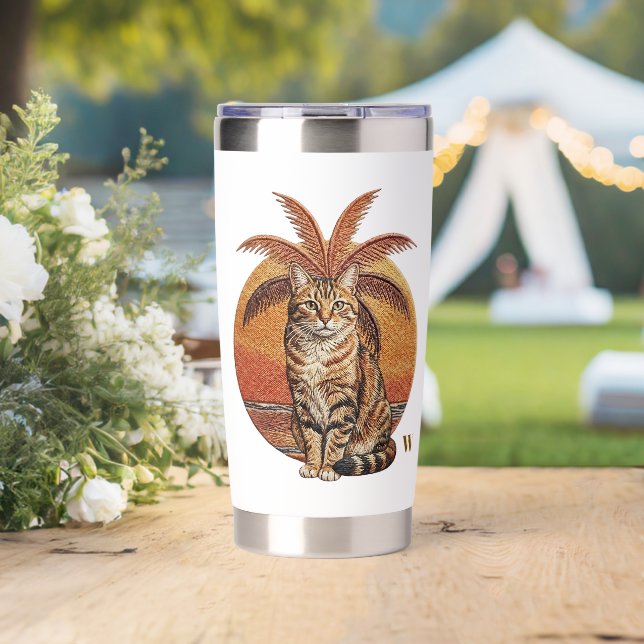 Custom "W" Embroidered Cat & Palm Tree Sunset Insulated Tumbler (Wedding (Rotated))