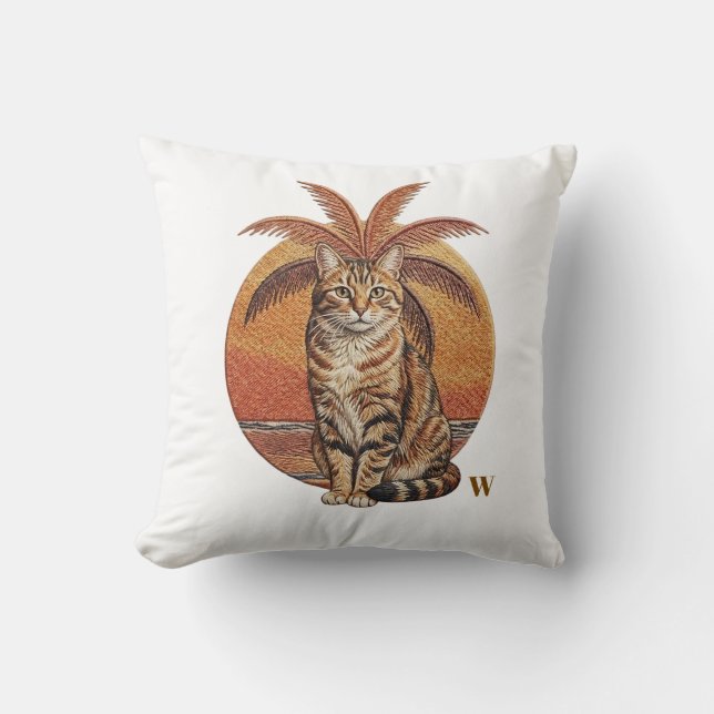 Custom "W" Embroidered Cat & Palm Tree Sunset  Throw Pillow (Front)