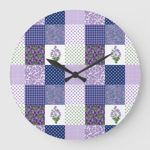 Custom Wall Clock Faux_patchwork Violets Patterns Large Clock