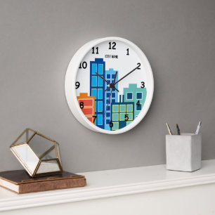 Custom wall clock with city skyline drawing