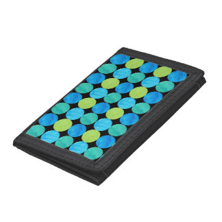 Custom Wallet, Blue Moons Grid Pattern on Black Trifold Wallet