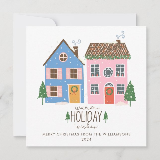 Custom Warm Holiday Wishes Cozy Winter Village Card (Front)