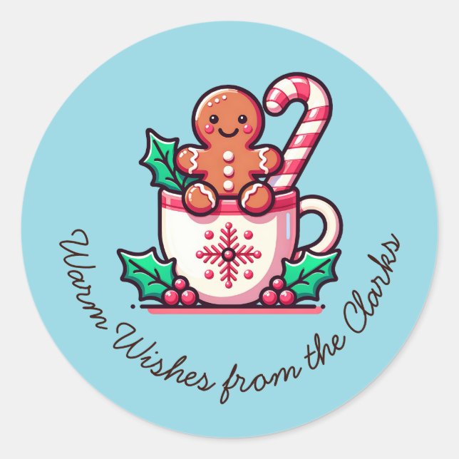 Custom Warm Wishes Holiday Gingerbread Cookie Classic Round Sticker (Front)