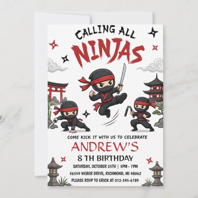 Custom Warrior Ninja Birthday party Invitation (Front)
