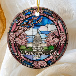 Custom Washington DC Dated Cherry Blossom  Ceramic Ornament<br><div class="desc">Cute faux stained glass Washington DC pink spring cherry blossom scene,  personalizable Date travel souvenir. Great for Christmas and family vacation keepsake,  or honeymoon gift.

Customization:
Change Caption and year to make it unique.</div>