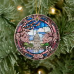 Custom Washington DC Dated Cherry Blossom  Ceramic Ornament<br><div class="desc">Cute faux stained glass Washington DC pink spring cherry blossom scene,  personalizable Date travel souvenir. Great for Christmas and family vacation keepsake,  or honeymoon gift.

Customization:
Change Caption and year to make it unique.</div>