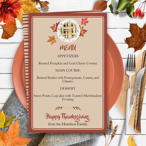 Custom  watercolor apple pie Thanksgiving Menu