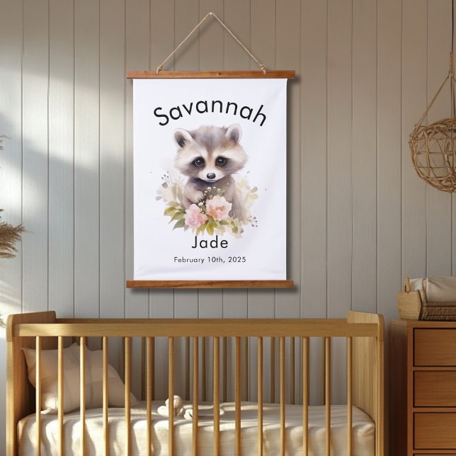 Custom Watercolor Baby Racoon Name & Birthdate Hanging Tapestry (Creator Uploaded)