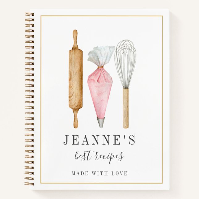 Custom Watercolor Bakers Tools Recipe Templates Notebook (Front)