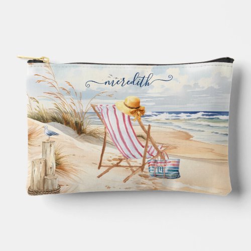 Custom Watercolor Beach Scene Mongoram Name Accessory Pouch